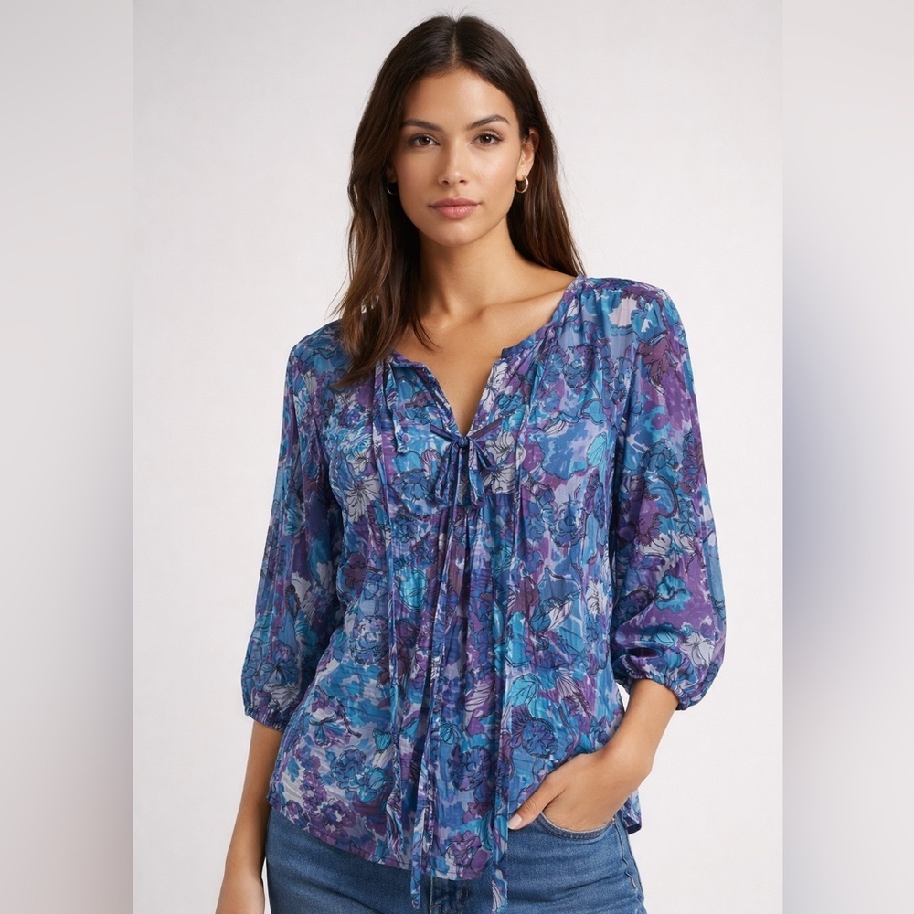 Rebecca Taylor‎ 100% Silk Floral Tie-Neck Peasant Blouse - Blue/Purple